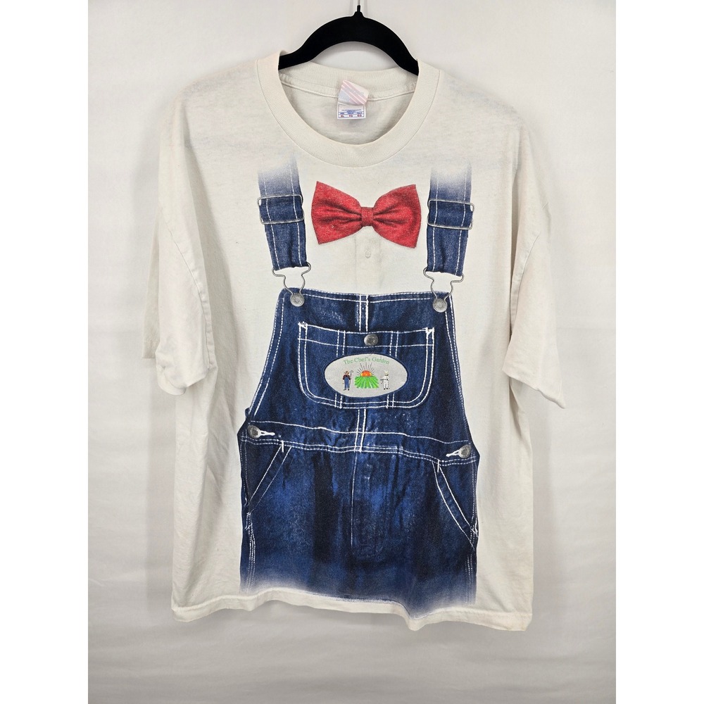Vintage Murina The Chefs Garden Overalls Bow Tie T-Shirt Mens XL White USA Made